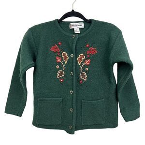 Crystal Kobe Womens Wool Cardigan Sweater Floral Hand Embroidered Green Size S/P